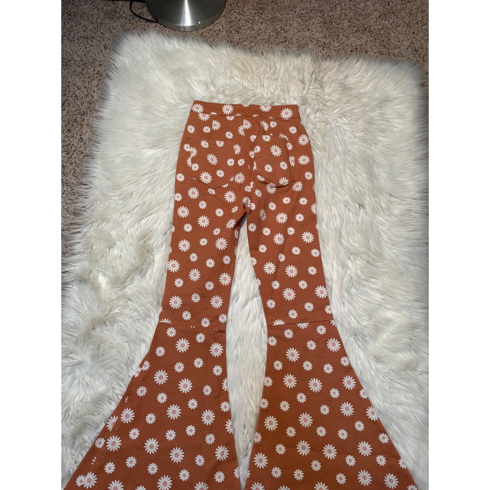Altar'd State Women's Size XS Bell Bottom Flare Jeans Orange Rust Daisy Floral - Picture 7 of 12